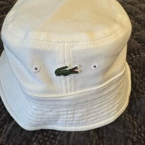 Lacoste White Bucket Hat with Green Logo Trim